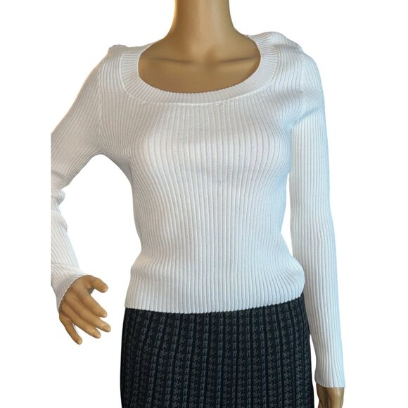 Womens Scoopneck Long Sleeve Ribbed Sweater Medium White Modern Classic - Picture 1 of 8